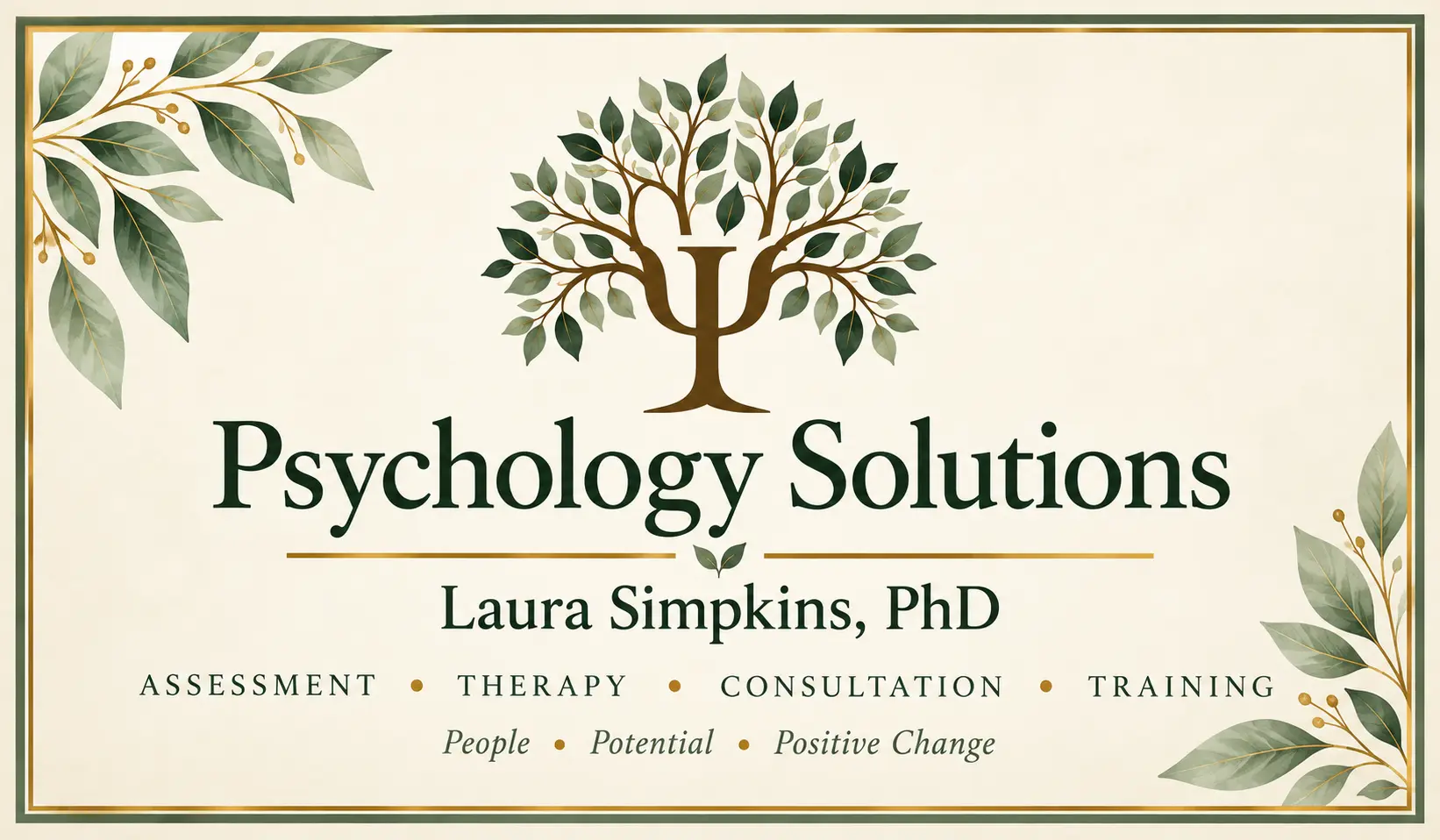 Psychology Solutions logo: a tree whose trunk forms the Greek letter psi, with the name Laura Simpkins, PhD, and the words Assessment, Therapy, Consultation, Training.